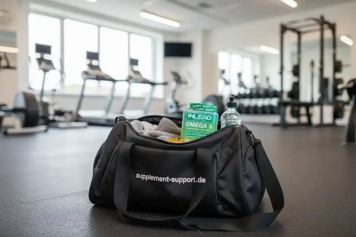 Fitness-Tasche mit Omega-3-Kapseln und Wasserflasche im Gym – Nahrungsergänzung für Sportler