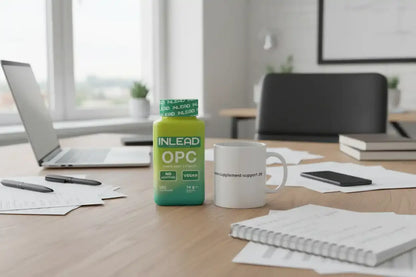 INLEAD OPC Traubenkernextrakt, vegan, ohne Zusatzstoffe, auf Schreibtisch mit Laptop und Tasse