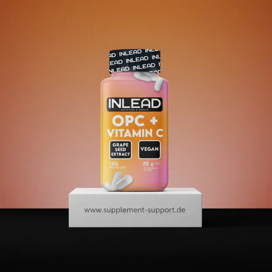 INLEAD OPC + Vitamin C Kapseln, veganes Nahrungsergänzungsmittel, auf Podest, supplement-support.de