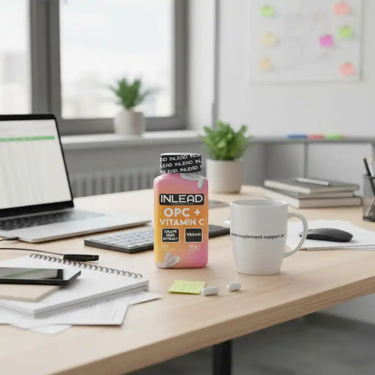 INLEAD OPC + Vitamin C Kapseln auf Schreibtisch im Büro, Nahrungsergänzungsmittel, vegan