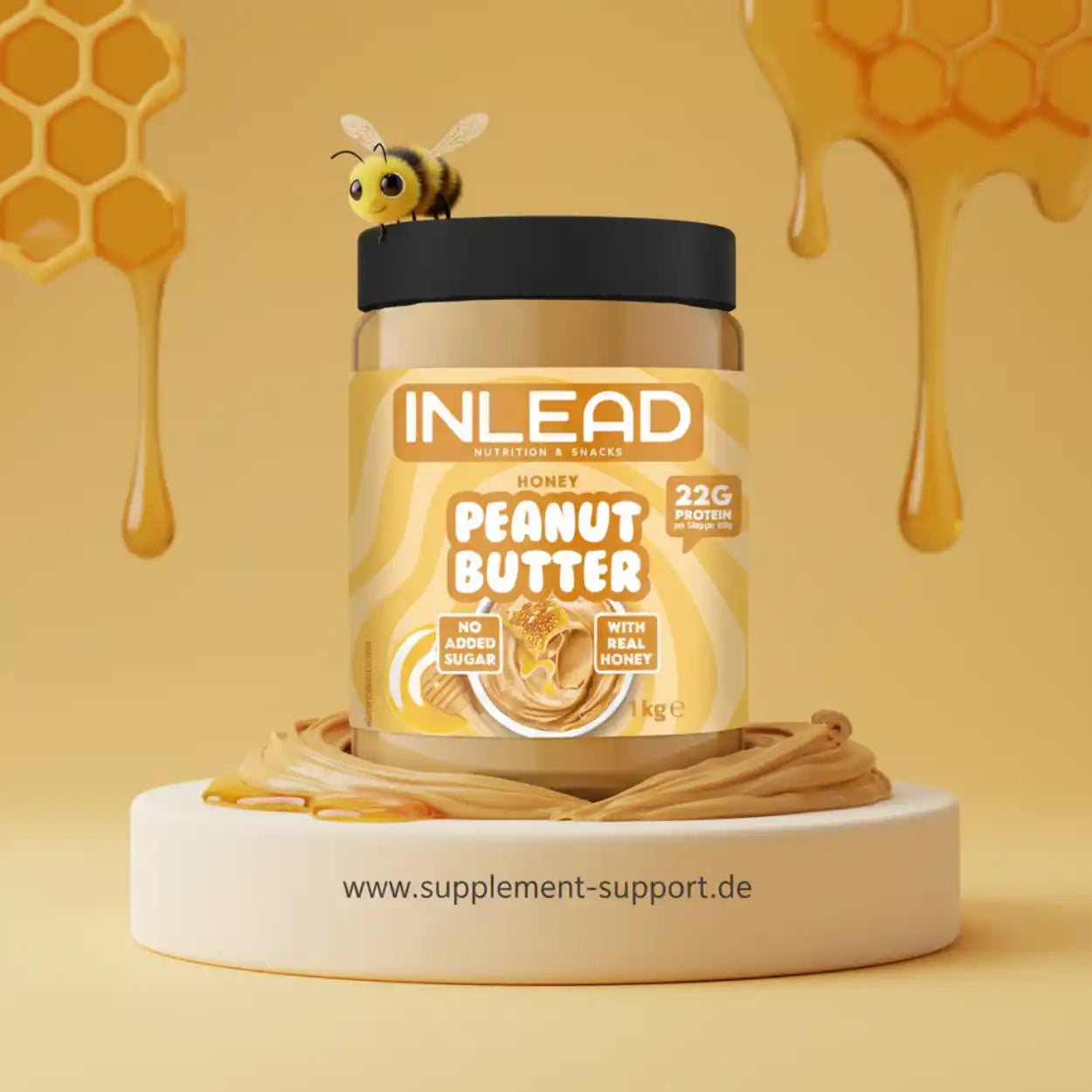 Erdnussbutter Streichcreme mit Honig, Protein, Biene, Honigwaben und cremiger Konsistenz