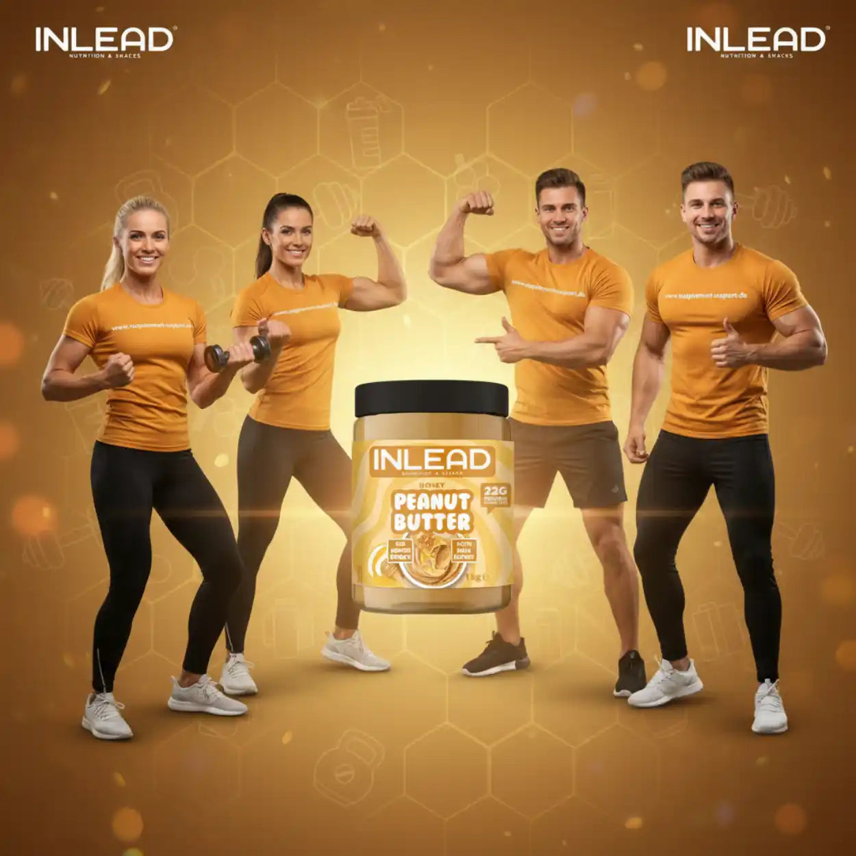 Sportliche Männer und Frauen präsentieren INLEAD Peanut Butter Streichcreme, 1000g, Honig.