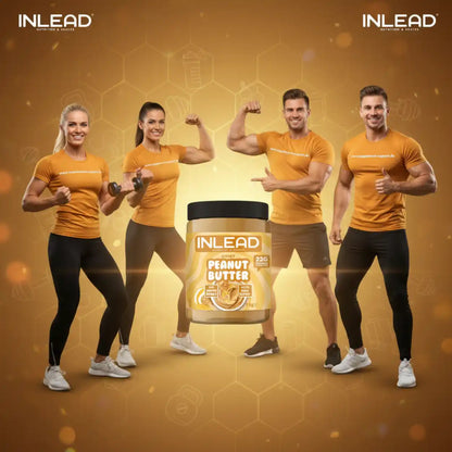 Sportliche Männer und Frauen präsentieren INLEAD Peanut Butter Streichcreme, 1000g, Honig.