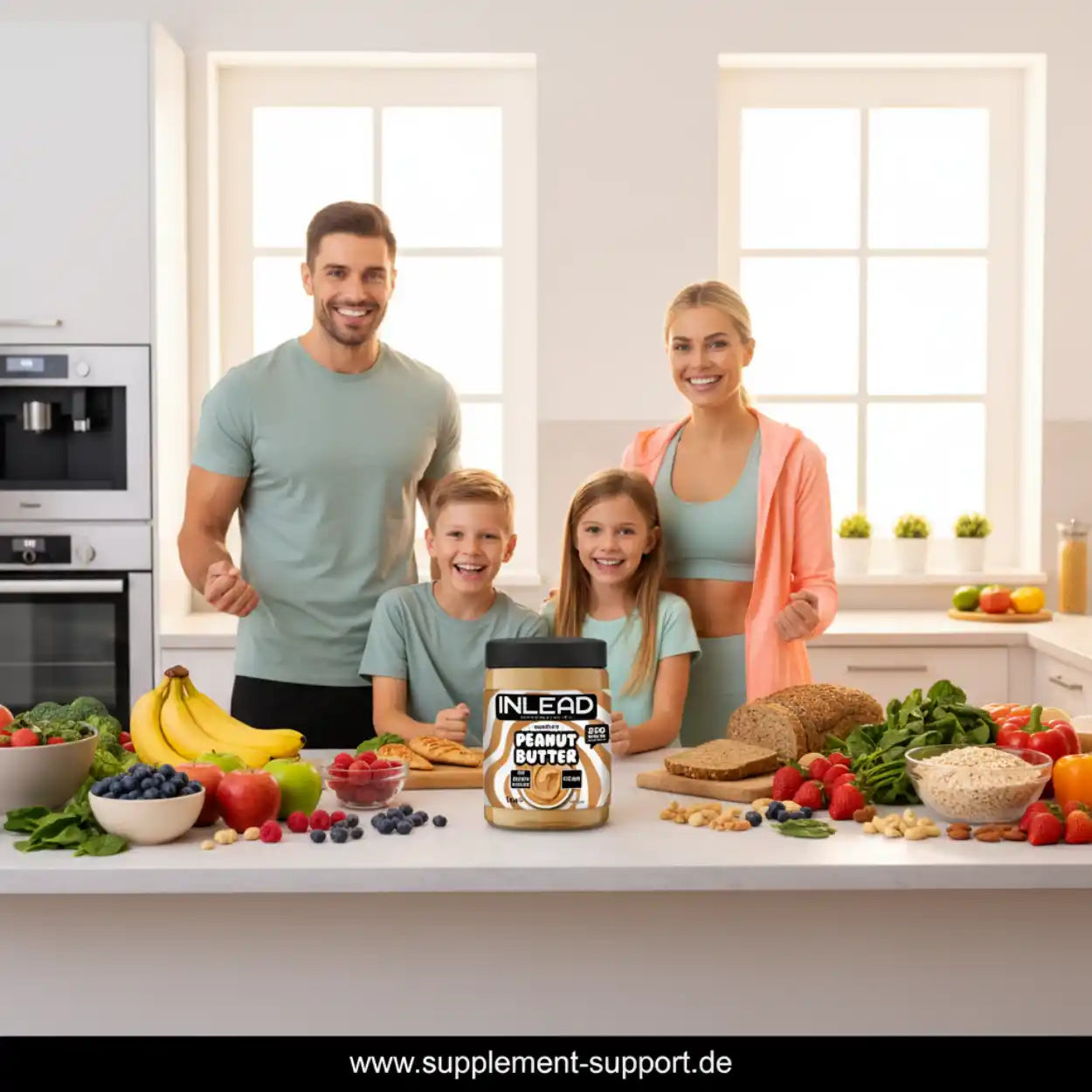 Familie in moderner Küche mit INLEAD Erdnussbutter, umgeben von frischem Obst, Gemüse und Brot.