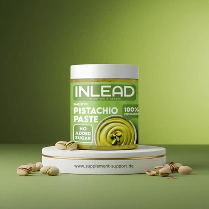 Pistazienpaste Glas ohne Zuckerzusatz, 100% Pistazien, vor grünem Hintergrund mit Pistazien