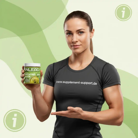 Frau im Sportshirt hält Inlead Pistazienpaste 300g, Nahrungsergänzung für Sportler