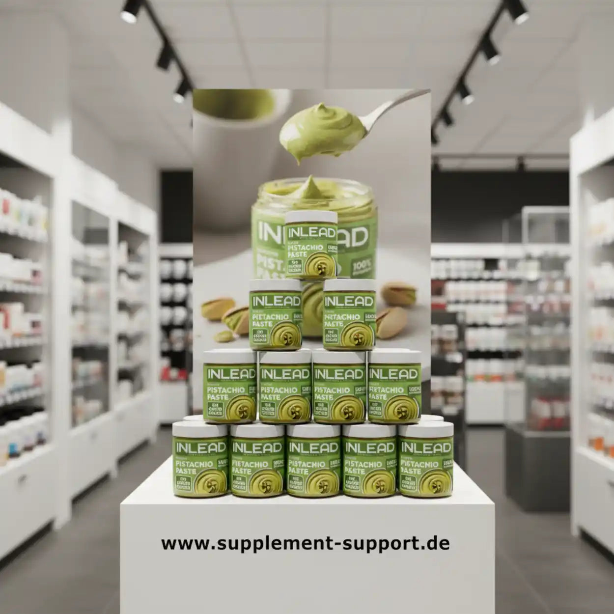 Pistazienpaste-Dosen gestapelt auf einem Podest in einem modernen Nahrungsergänzungsmittel-Shop