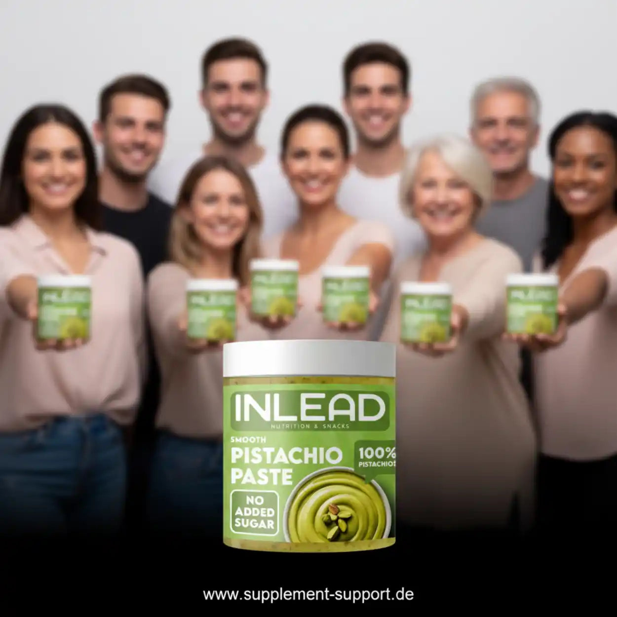 INLEAD Pistazienpaste ohne Zuckerzusatz, 300g, Gruppe hält Produkt, Nahrungsergänzung