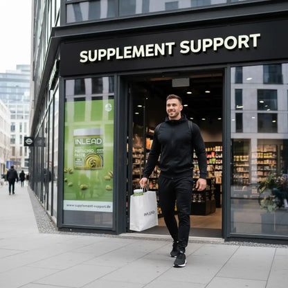 Mann verlässt Nahrungsergänzungsmittel-Geschäft mit Einkaufstasche, Pistazienpaste Plakat sichtbar