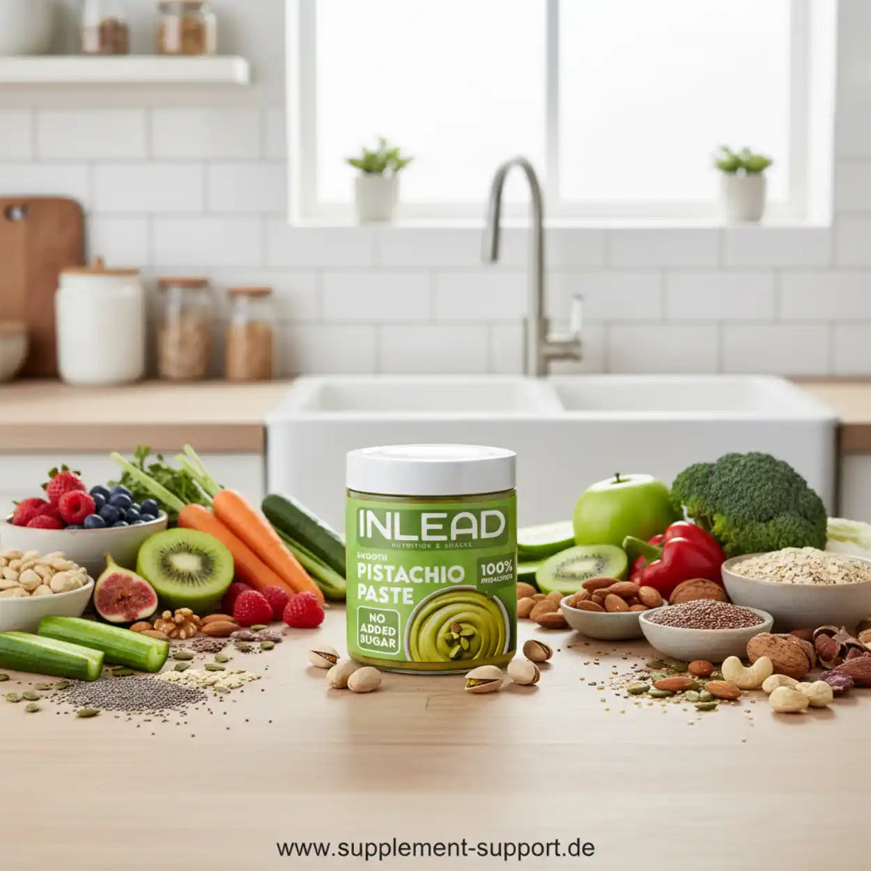 Pistazienpaste-Glas auf Küchentisch mit frischem Obst, Gemüse und Nüssen, gesunde Ernährung