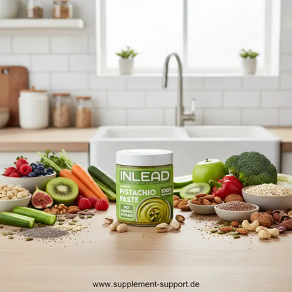 Pistazienpaste-Glas auf Küchentisch mit frischem Obst, Gemüse und Nüssen, gesunde Ernährung