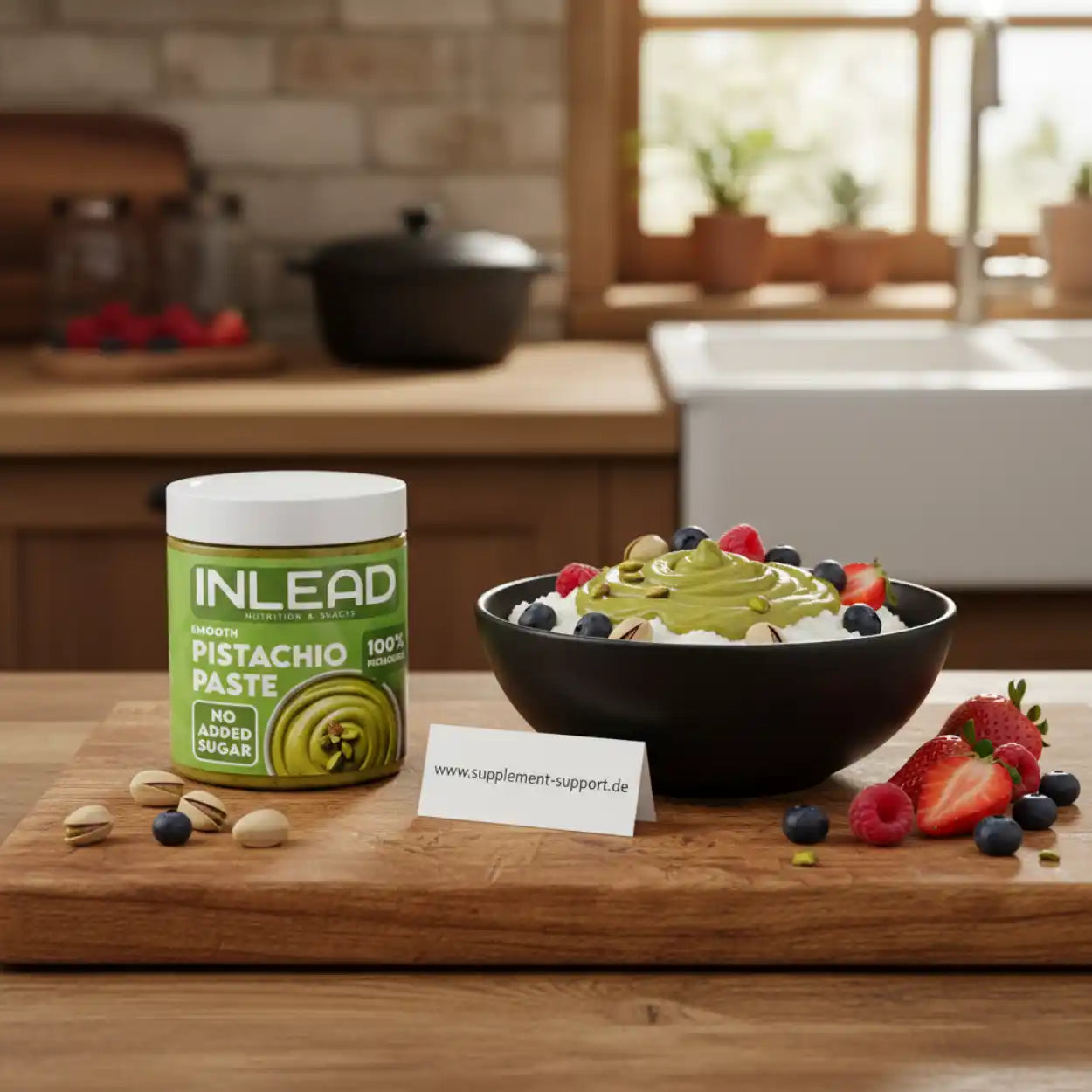 Pistazienpaste im Glas neben Schüssel mit Joghurt, Beeren und Pistazien auf Holzbrett in Küche