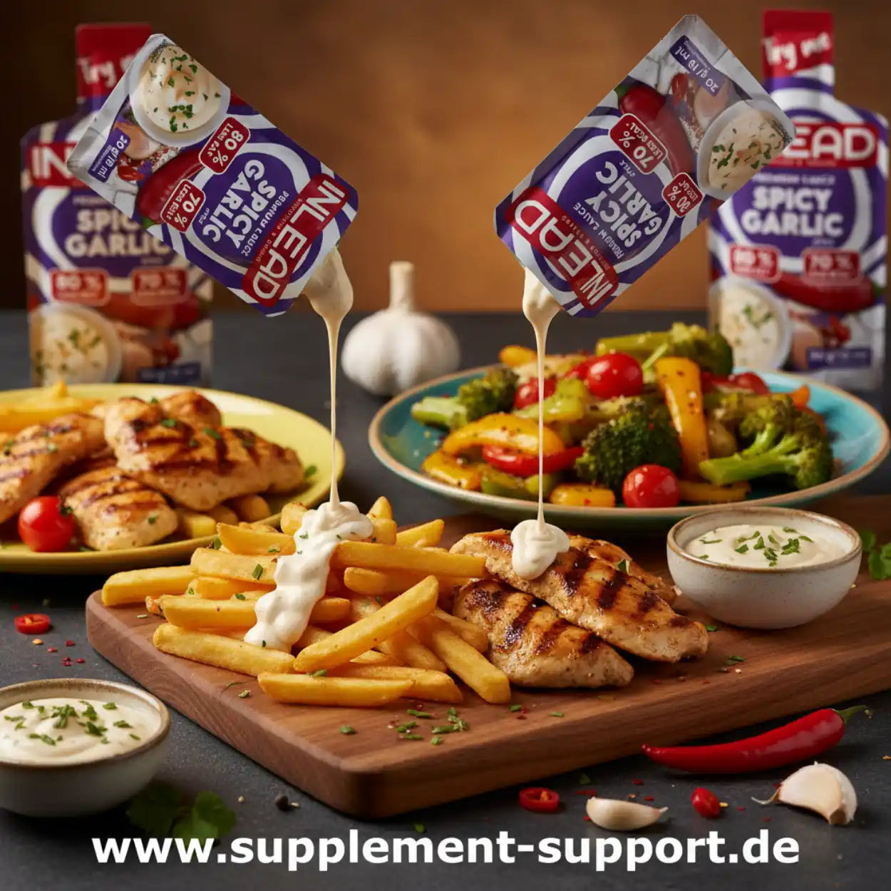 Inlead Spicy Garlic Sauce über Pommes und gegrilltem Hähnchen – ideal für Sportler & Fitness-Enthusiasten