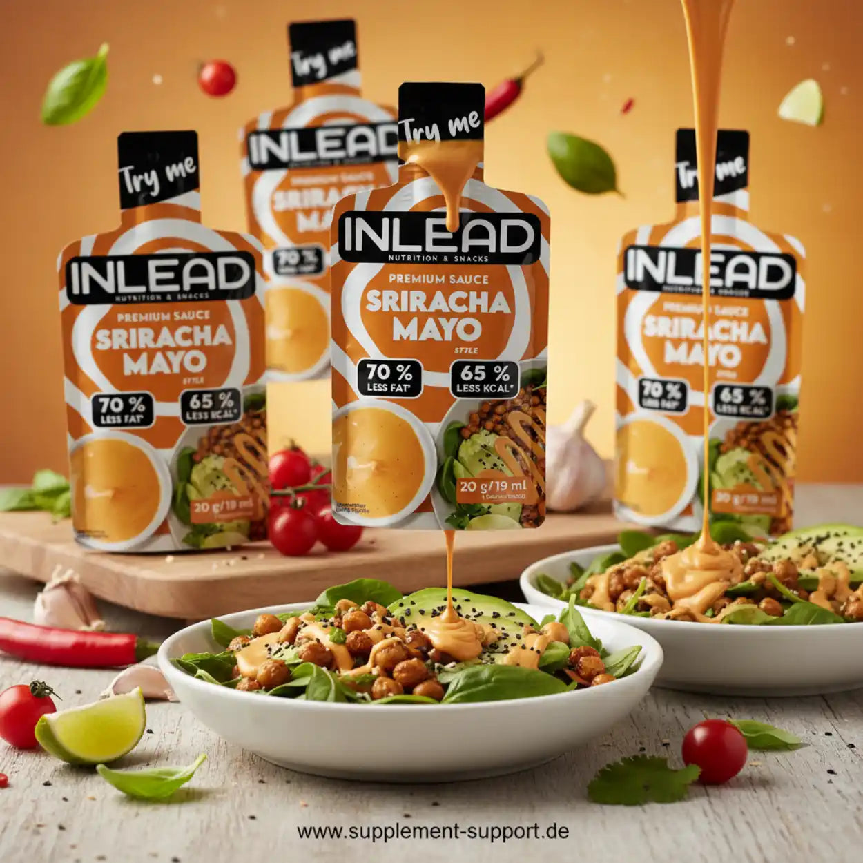 INLEAD Sriracha Mayo Sauce – 70 % weniger Fett, 65 % weniger Kalorien, ideal für Salate und Snacks