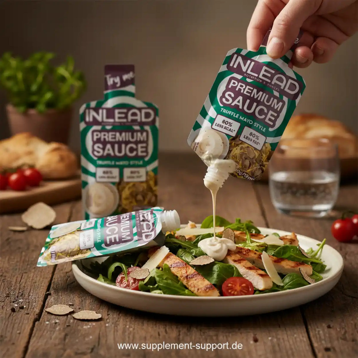 INLEAD Premium Sauce Trüffel-Mayo über Hühnersalat, 80% weniger Kalorien & Fett, ideal für Sportnahrung