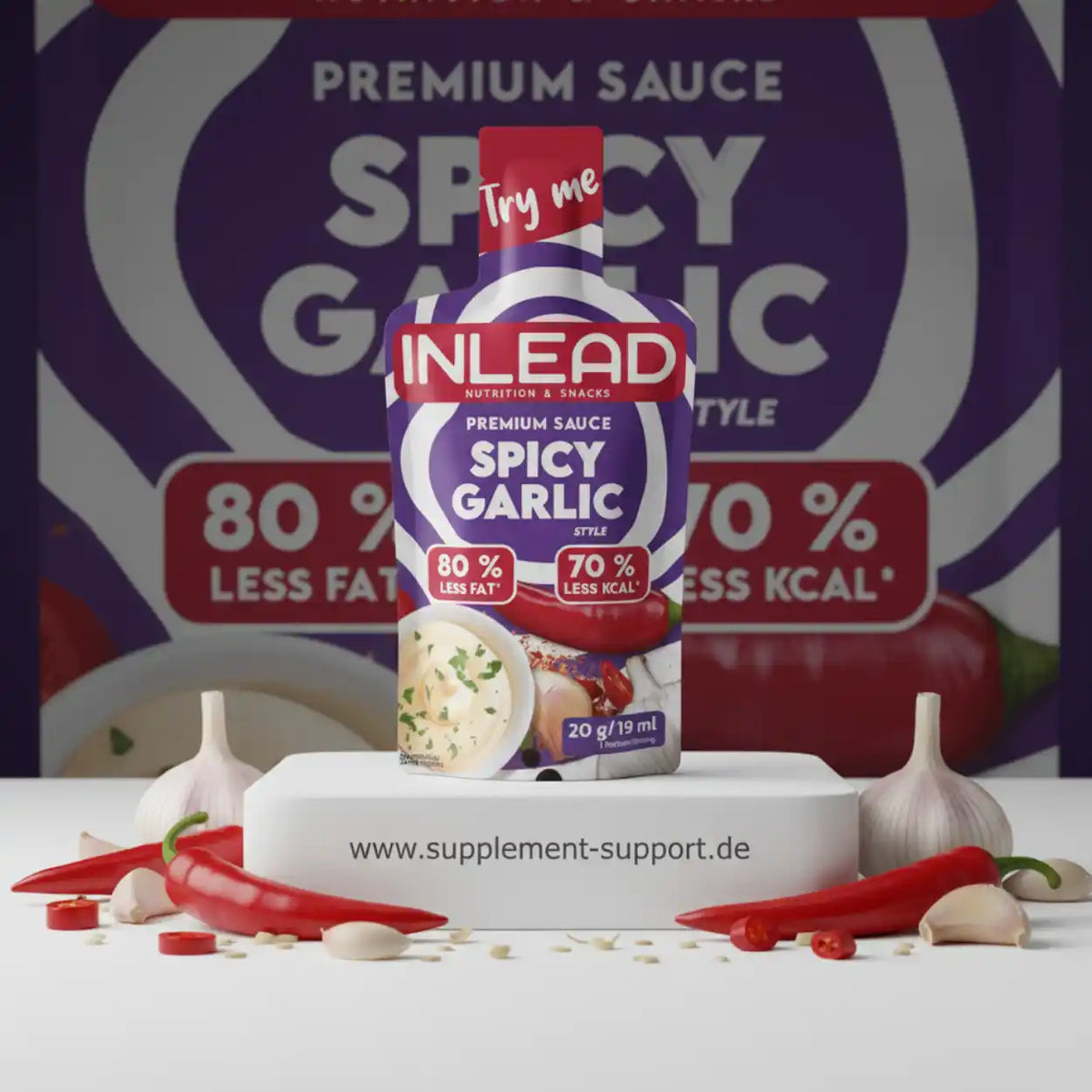 INLEAD Spicy Garlic Sauce – Premium Sauce mit 80% weniger Fett, ideal für Sportnahrung & Snacks