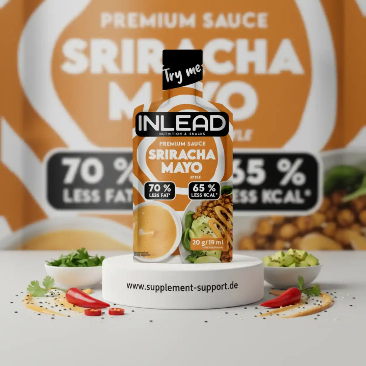 INLEAD Sriracha Mayo Sauce – 70 % weniger Fett, 65 % weniger Kalorien, ideal für Protein-Snacks & Sportnahrung