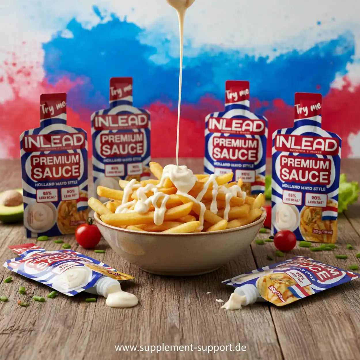INLEAD Premium Sauce Holland Mayo Style über Pommes, 85% weniger Kalorien, ideal für Sportnahrung & Diät