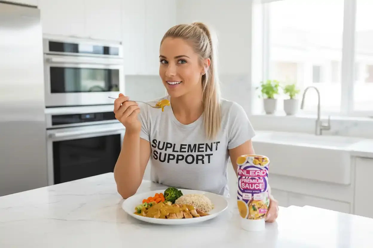 Frau mit Supplement Support Shirt isst Hähnchen mit Reis und Gemüse, daneben INLEAD Sauce