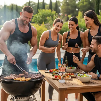 Muskulöse Gruppe grillt am Pool mit Protein-Snacks und Sauce – perfekt für Sportler & Fitness-Enthusiasten