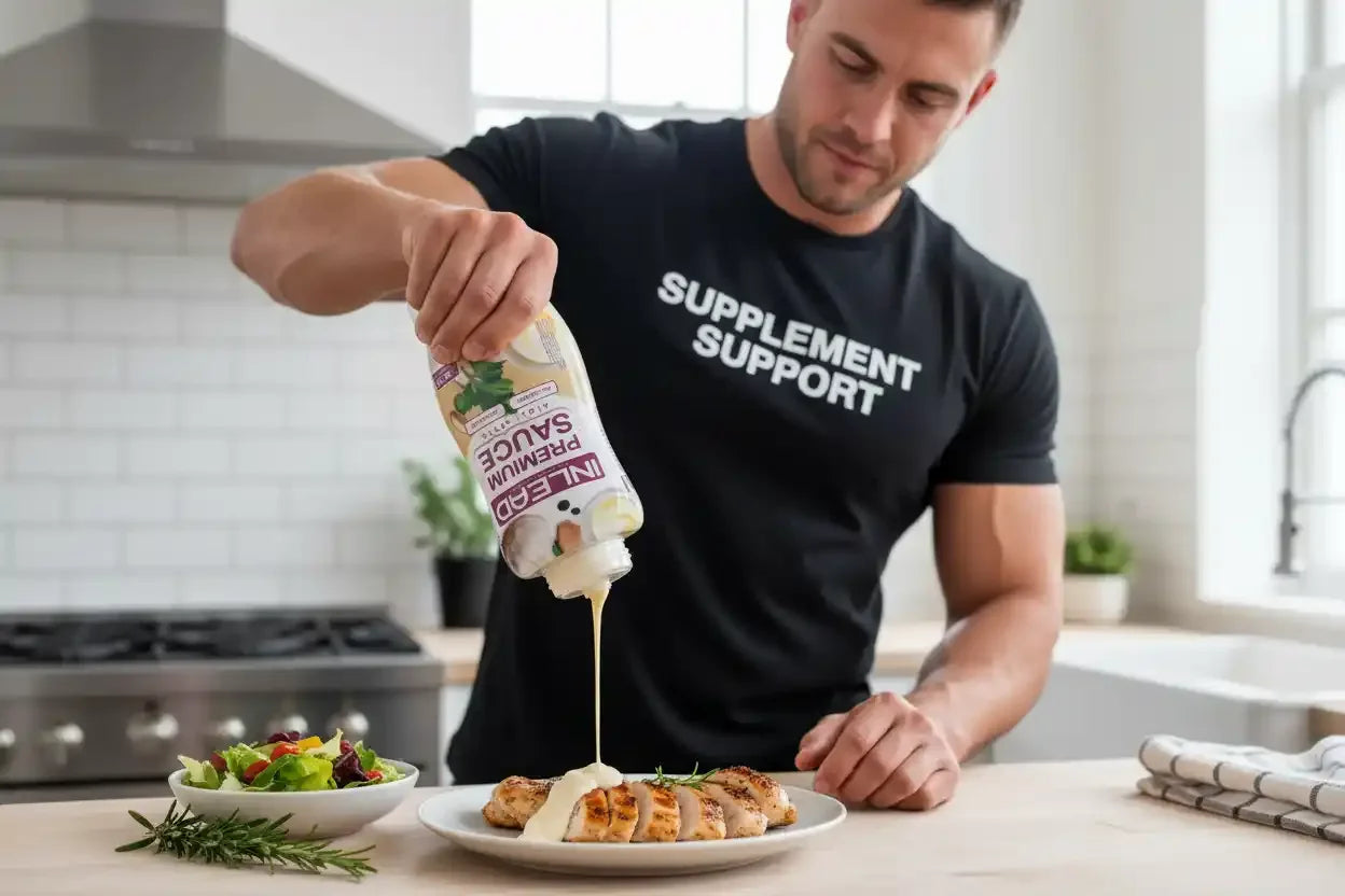 Muskulöser Mann gießt Premium Sauce auf Hähnchenbrust – ideal für Sportnahrung & Protein