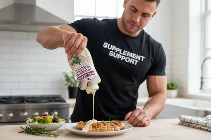 Muskulöser Mann gießt Premium Sauce auf Hähnchenbrust – ideal für Sportnahrung & Protein