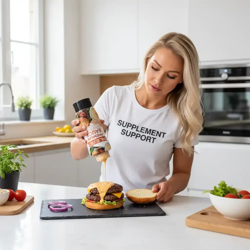 Frau gießt Sauce auf Burger in Küche – Supplement Support T-Shirt