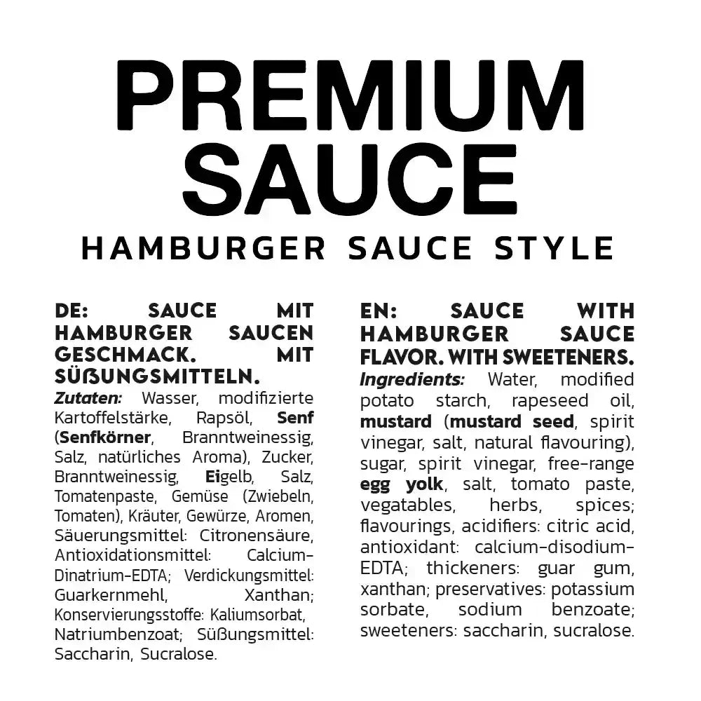 Premium Sauce Hamburger Style mit Zutatenliste, Süßungsmitteln und Gewürzen – ideal für Burger