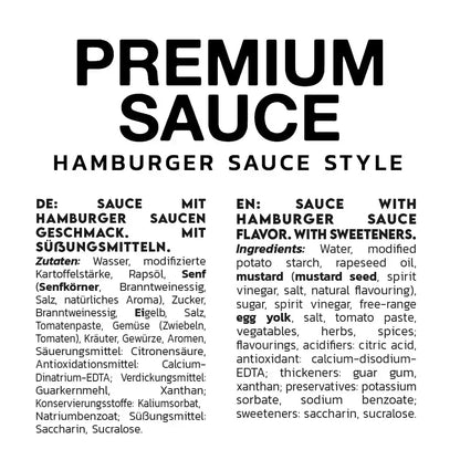 Premium Sauce Hamburger Style mit Zutatenliste, Süßungsmitteln und Gewürzen – ideal für Burger