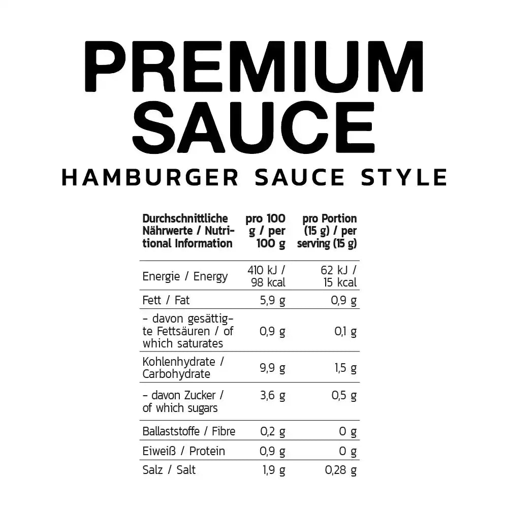 Premium Sauce Hamburger Style – Nährwertangaben pro 100g und Portion, ideal für Sportnahrung & Protein-Diäten