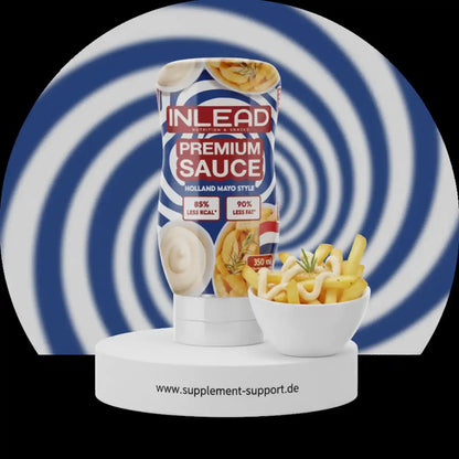 Inlead Premium Sauce Holland Mayo Style mit einer Schale Pommes auf weißem Podest