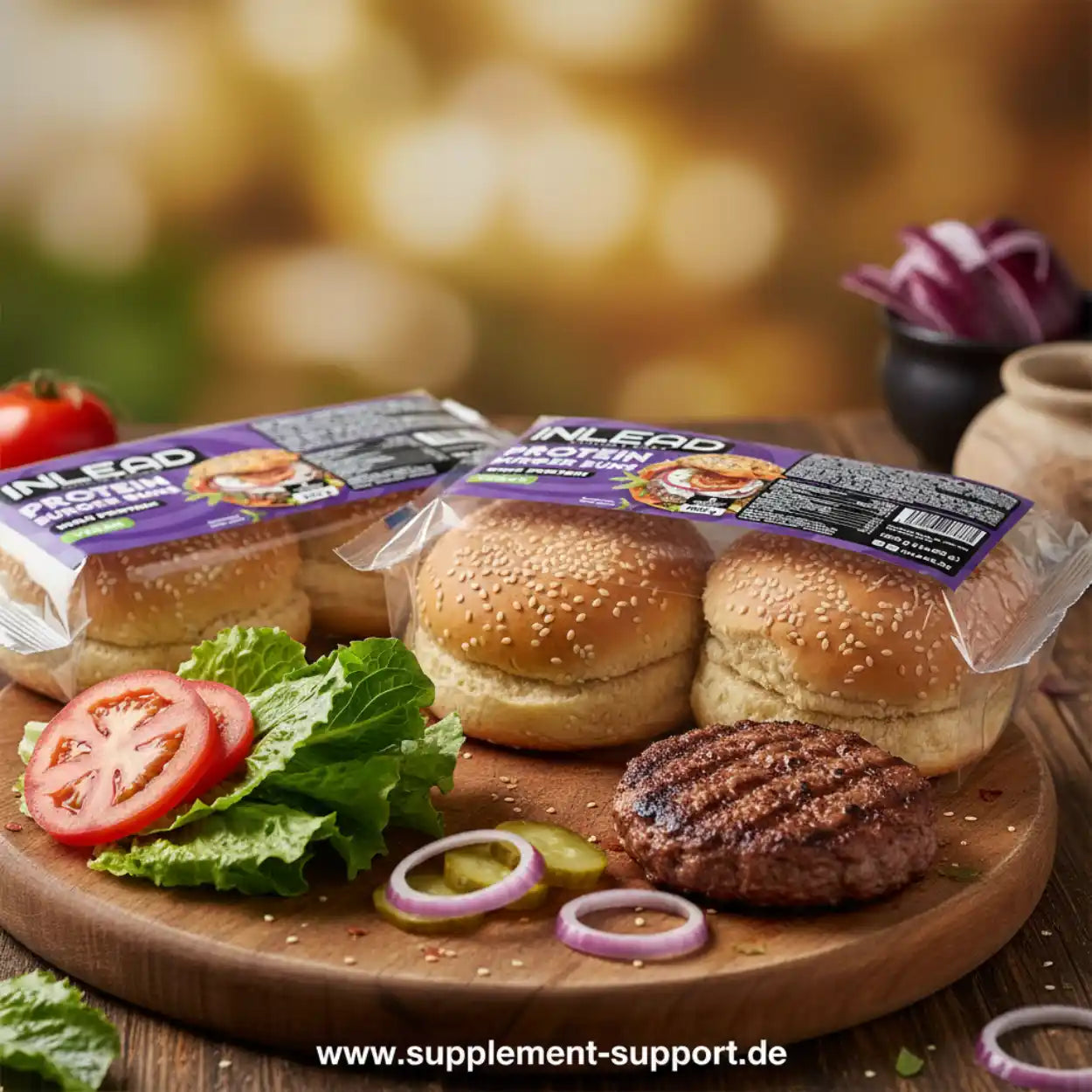 INLEAD Protein Burger Buns mit gegrilltem Patty, Salat, Tomate und Zwiebeln – ideal für Sportnahrung & Protein-Shakes