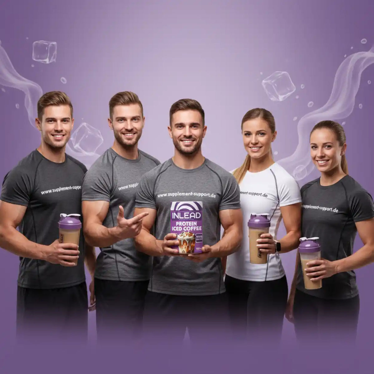 Fünf sportliche Personen mit Protein Shaker und INLEAD Protein Iced Coffee vor lila Hintergrund.