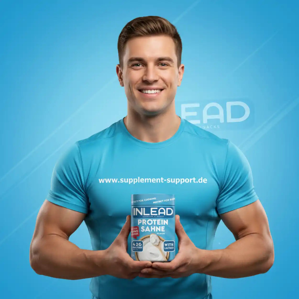 Muskulöser Mann hält INLEAD Protein Sahne, ideal für Sportnahrung und Vitamine