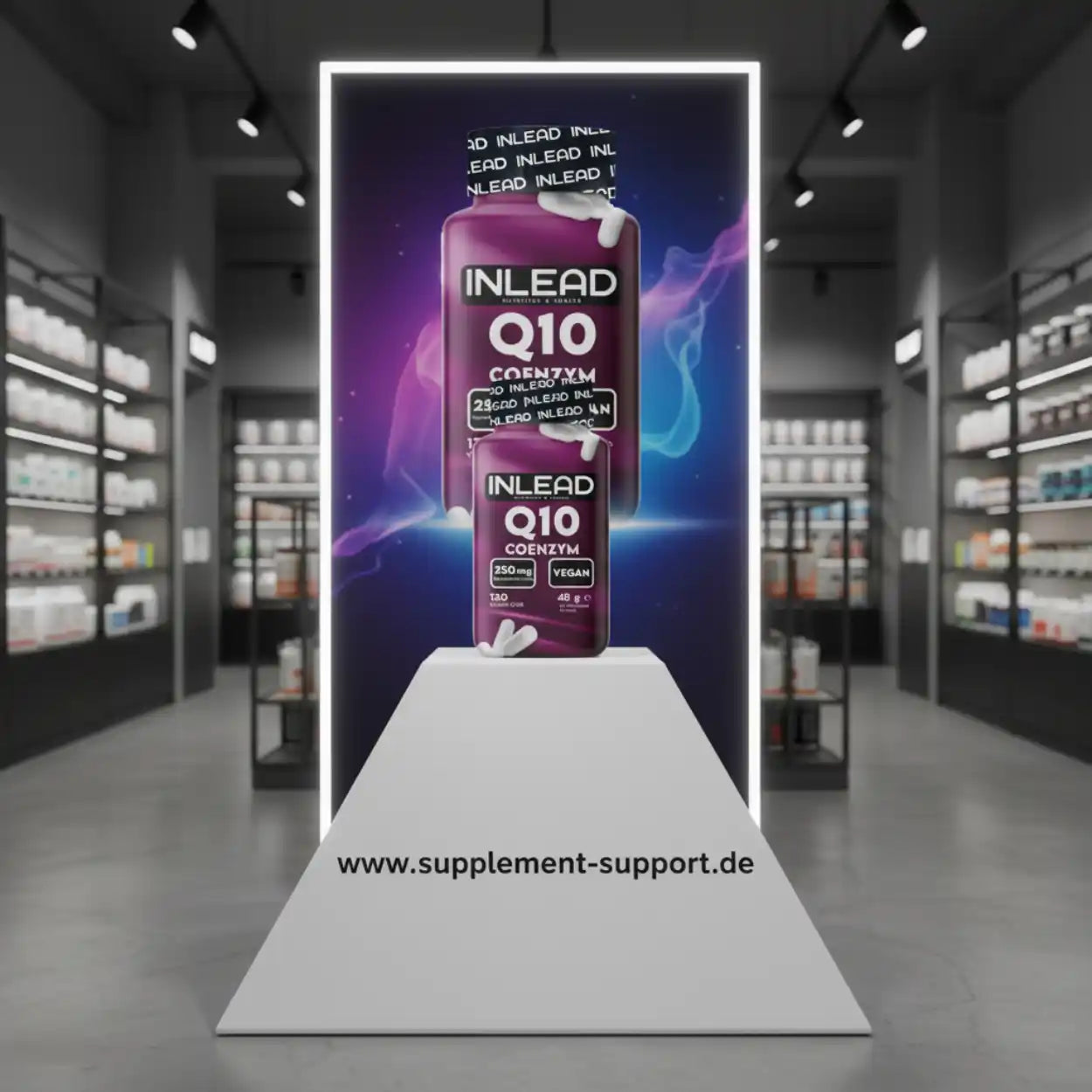INLEAD Q10 Coenzym vegan, 250 mg, Nahrungsergänzungsmittel im Shop-Display