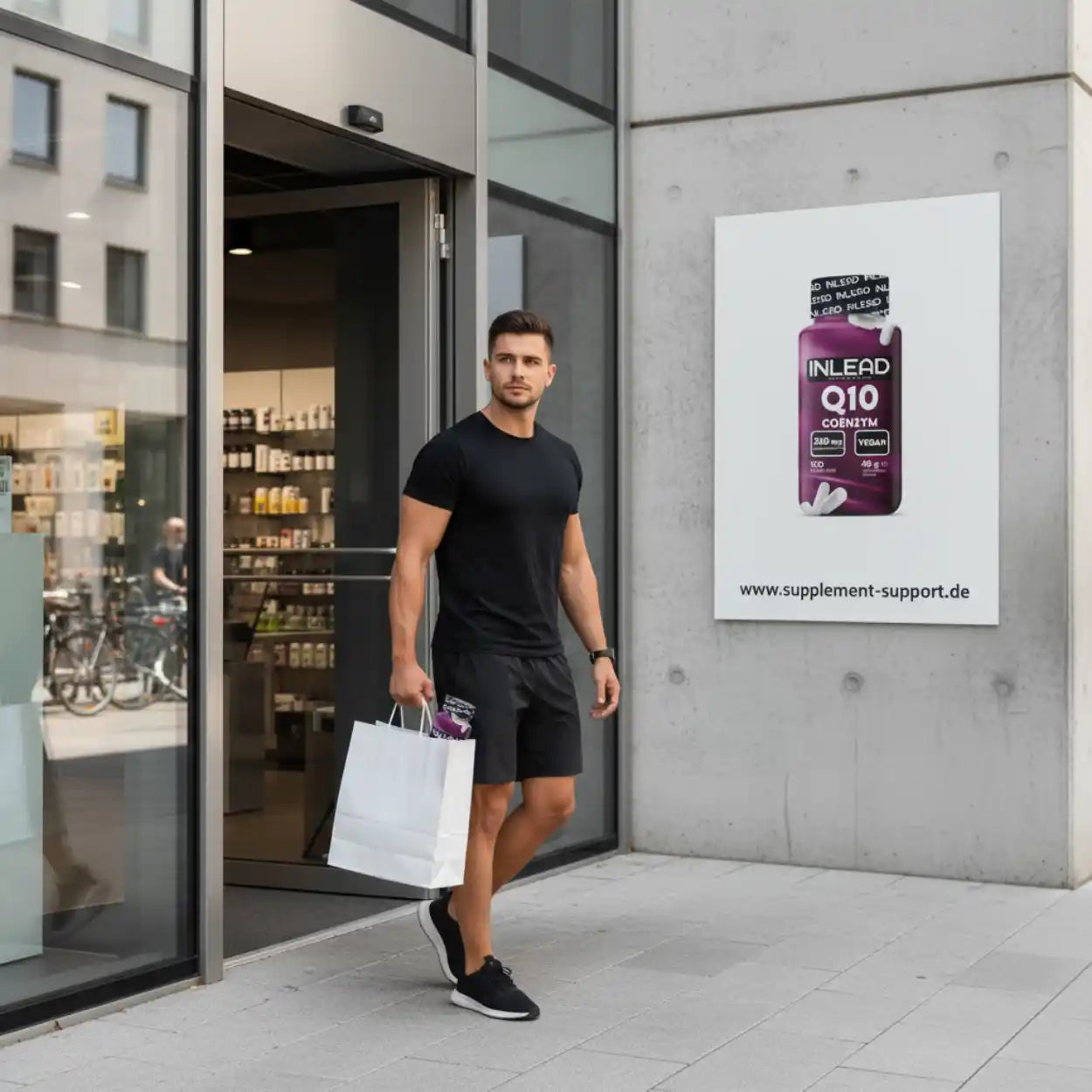 Muskulöser Mann mit Einkaufstüte vor Supplement-Store, Werbung für INLEAD Q10 Coenzym