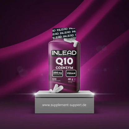Q10 Coenzym 250 mg vegan Kapseln, 120 Stück, Nahrungsergänzungsmittel auf Podest