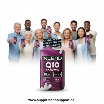 INLEAD Q10 Coenzym 250mg vegane Kapseln, Flasche vorne, diverse Menschen im Hintergrund
