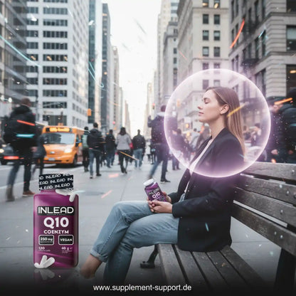 Frau entspannt auf Bank mit INLEAD Q10 Coenzym Kapseln, Stadt, Nahrungsergänzungsmittel