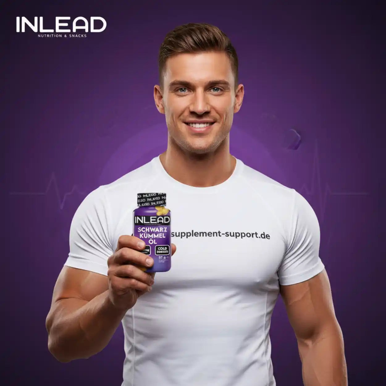 Muskulöser Mann hält INLEAD Schwarzkümmelöl, Nahrungsergänzungsmittel für Sport und Gesundheit
