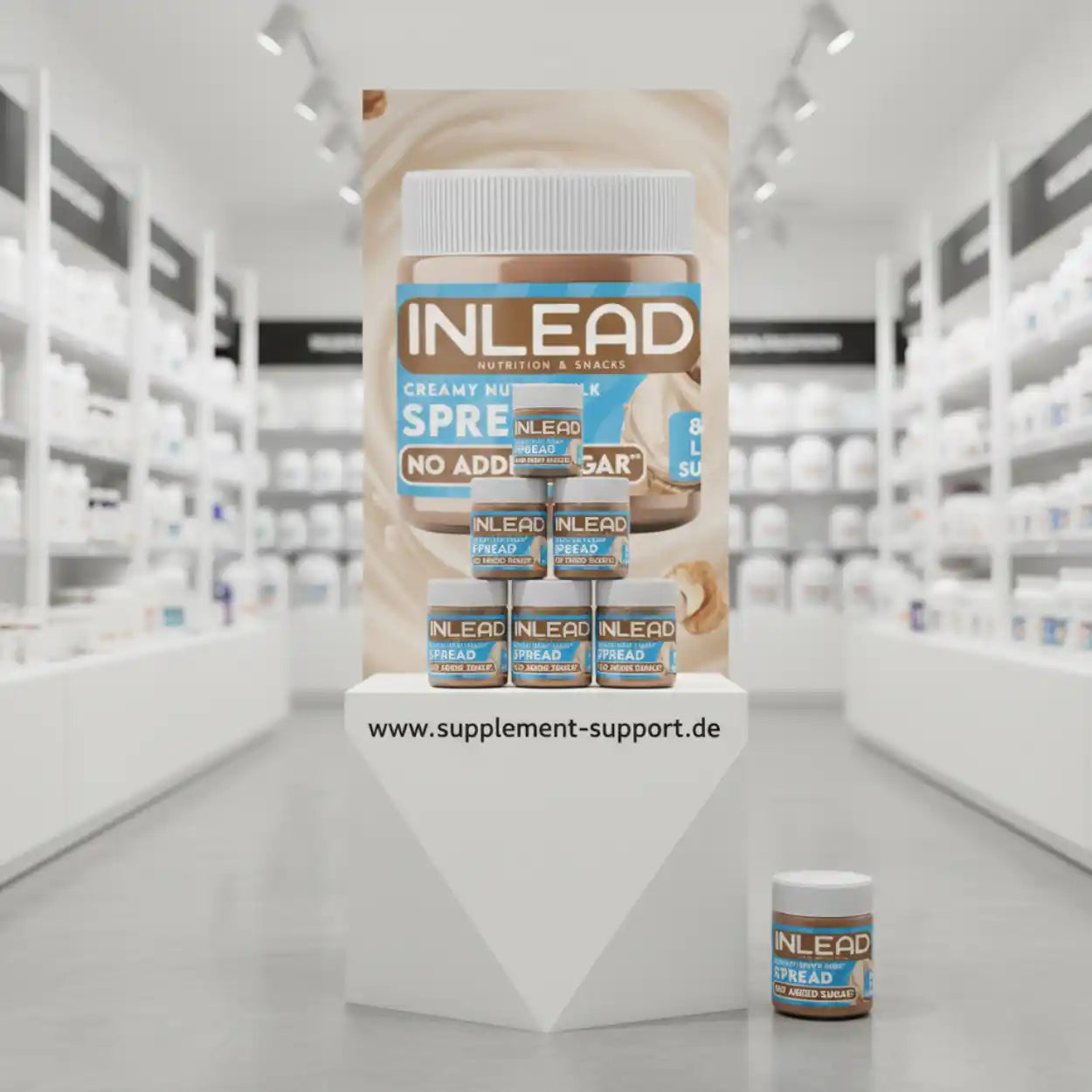 Nusscreme ohne Zuckerzusatz, INLEAD Aufstrich, Produktpräsentation im hellen Supplement-Shop