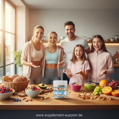 Fröhliche Familie in moderner Küche mit Nusscreme, frischem Obst und gesunden Frühstücksoptionen.