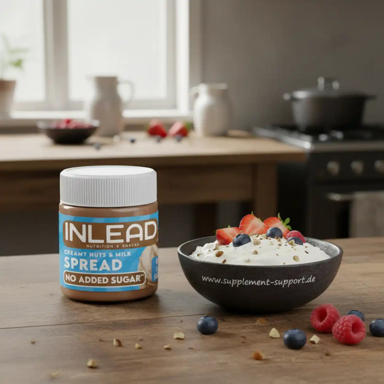 Nuss-Milch-Aufstrich ohne Zuckerzusatz neben Schale mit Joghurt und frischen Beeren
