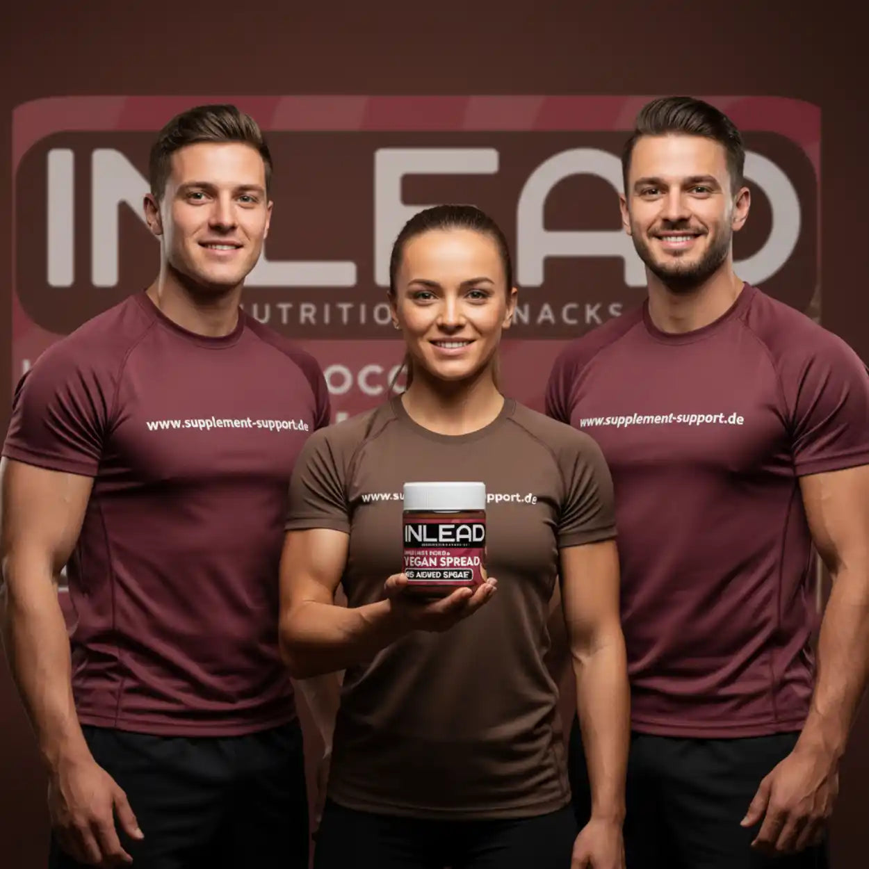 Drei sportliche Personen präsentieren vegane Haselnuss-Kakao-Creme im Fitnessstudio.