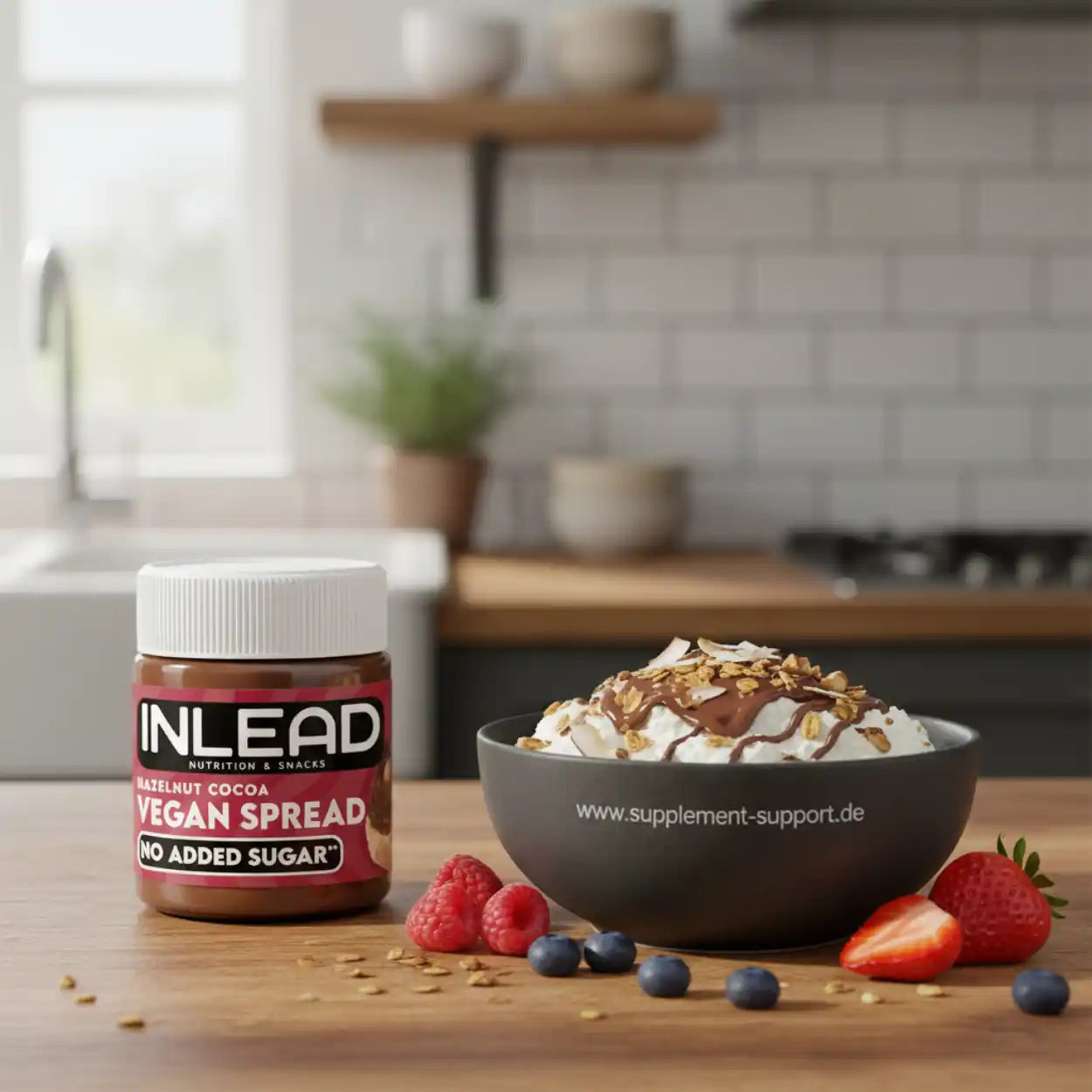 Vegane Haselnuss-Kakao-Creme ohne Zuckerzusatz neben Müsli mit Beeren in moderner Küche
