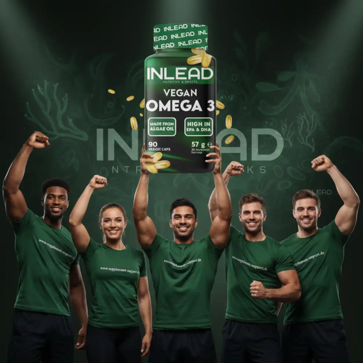 INLEAD Vegan Omega-3 Kapseln aus Algenöl, reich an EPA & DHA, präsentiert von Sportlern in Grün