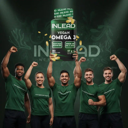 INLEAD Vegan Omega-3 Kapseln aus Algenöl, reich an EPA & DHA, präsentiert von Sportlern in Grün