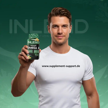 Mann hält INLEAD Vegan Omega-3-Kapseln – Nahrungsergänzung mit ALA, EPA & DHA für Sport und Gesundheit