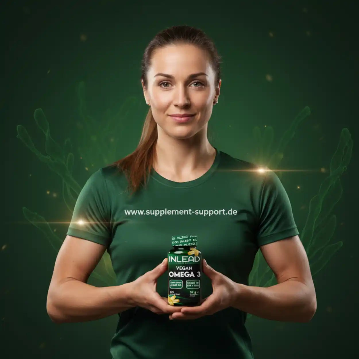 Frau hält INLEAD Vegan Omega 3 Kapseln – Nahrungsergänzungsmittel für Sport und Gesundheit