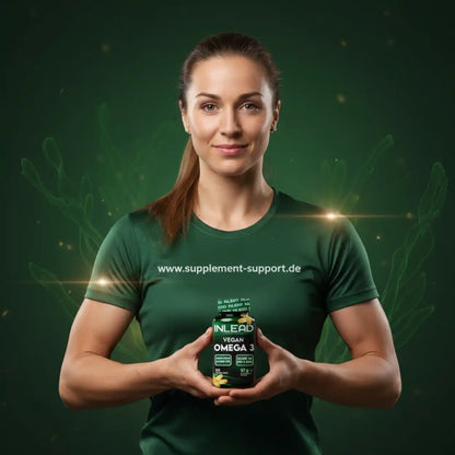 Frau hält INLEAD Vegan Omega 3 Kapseln – Nahrungsergänzungsmittel für Sport und Gesundheit